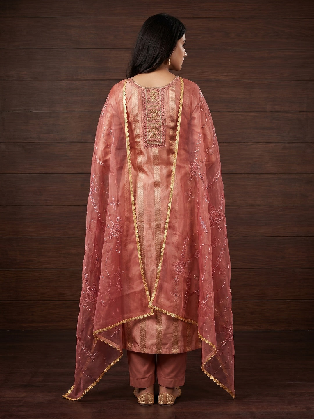 Peach Sequins Hand Embroidery Organza Dress Material - Image 3