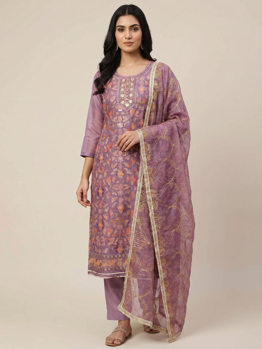Purple Floral Sequins Embroidery Organza Dress Material - Image 1