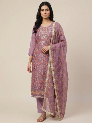 Purple Floral Sequins Embroidery Organza Dress Material - Image 1