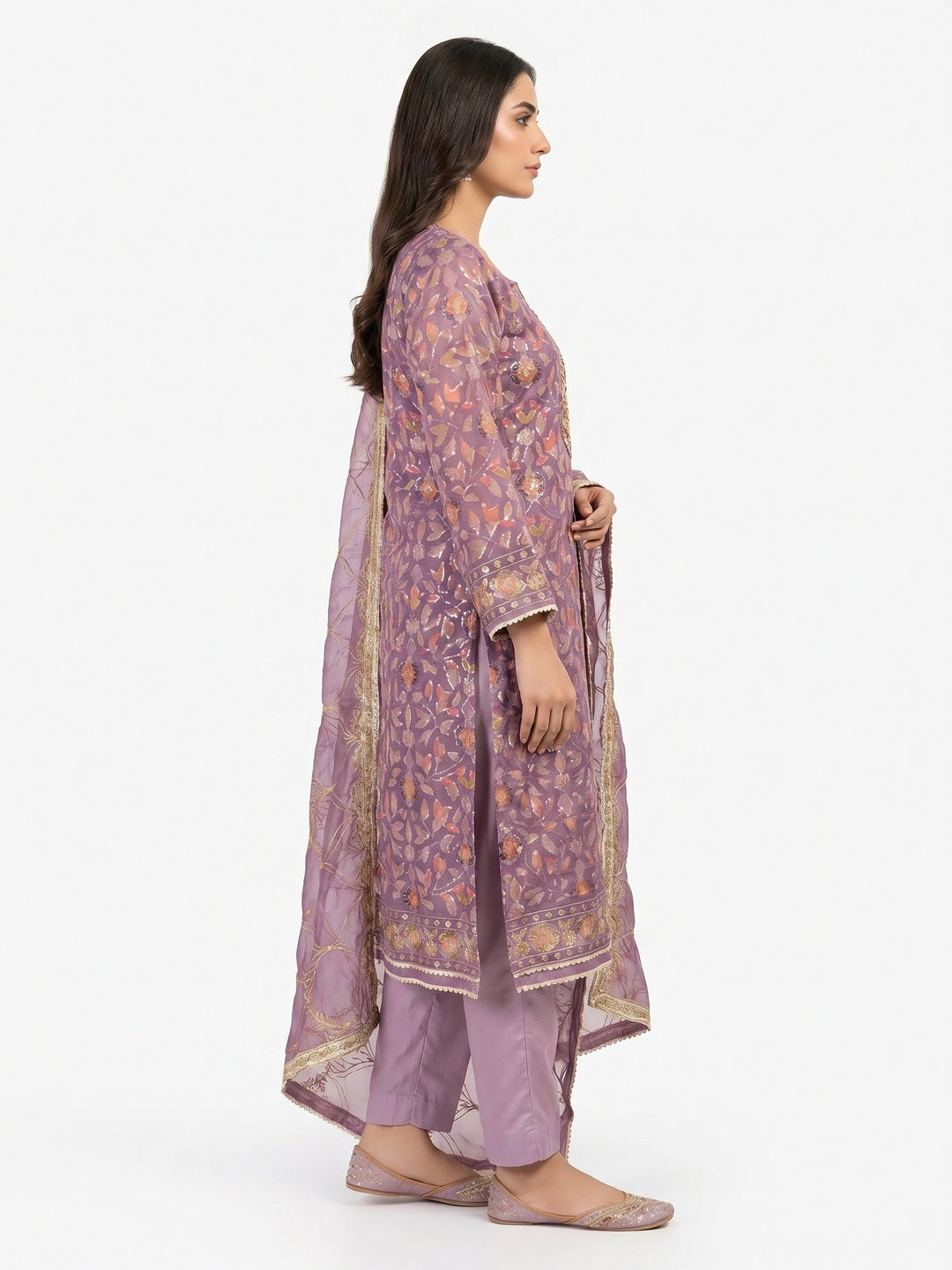 Purple Floral Sequins Embroidery Organza Dress Material - Image 3