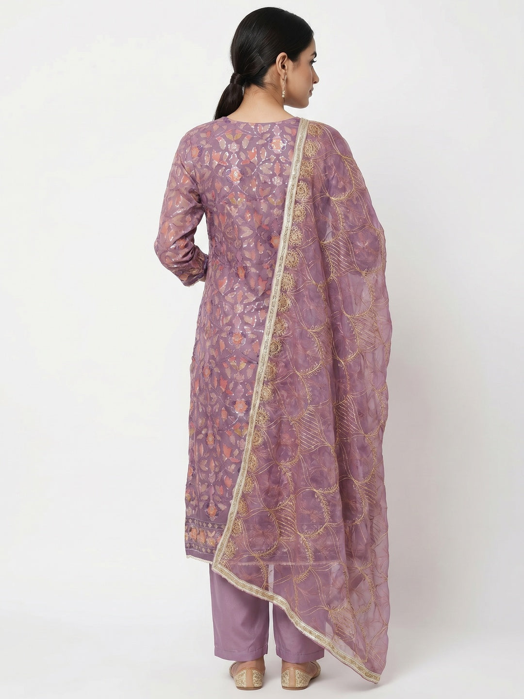 Purple Floral Sequins Embroidery Organza Dress Material - Image 2