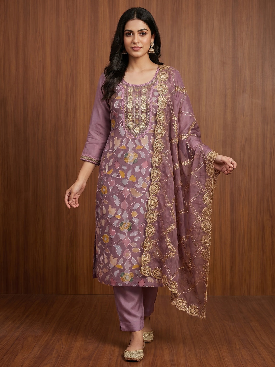 Mauve Floral Sequins Embroidery Organza Dress Material - Image 1