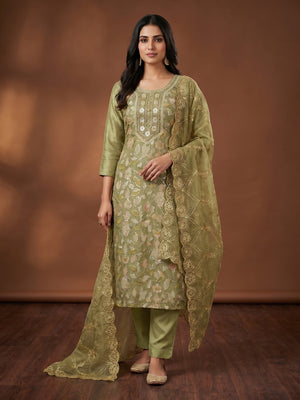 Mehendi Green Floral Sequins Embroidery Organza Dress Material - Image 1
