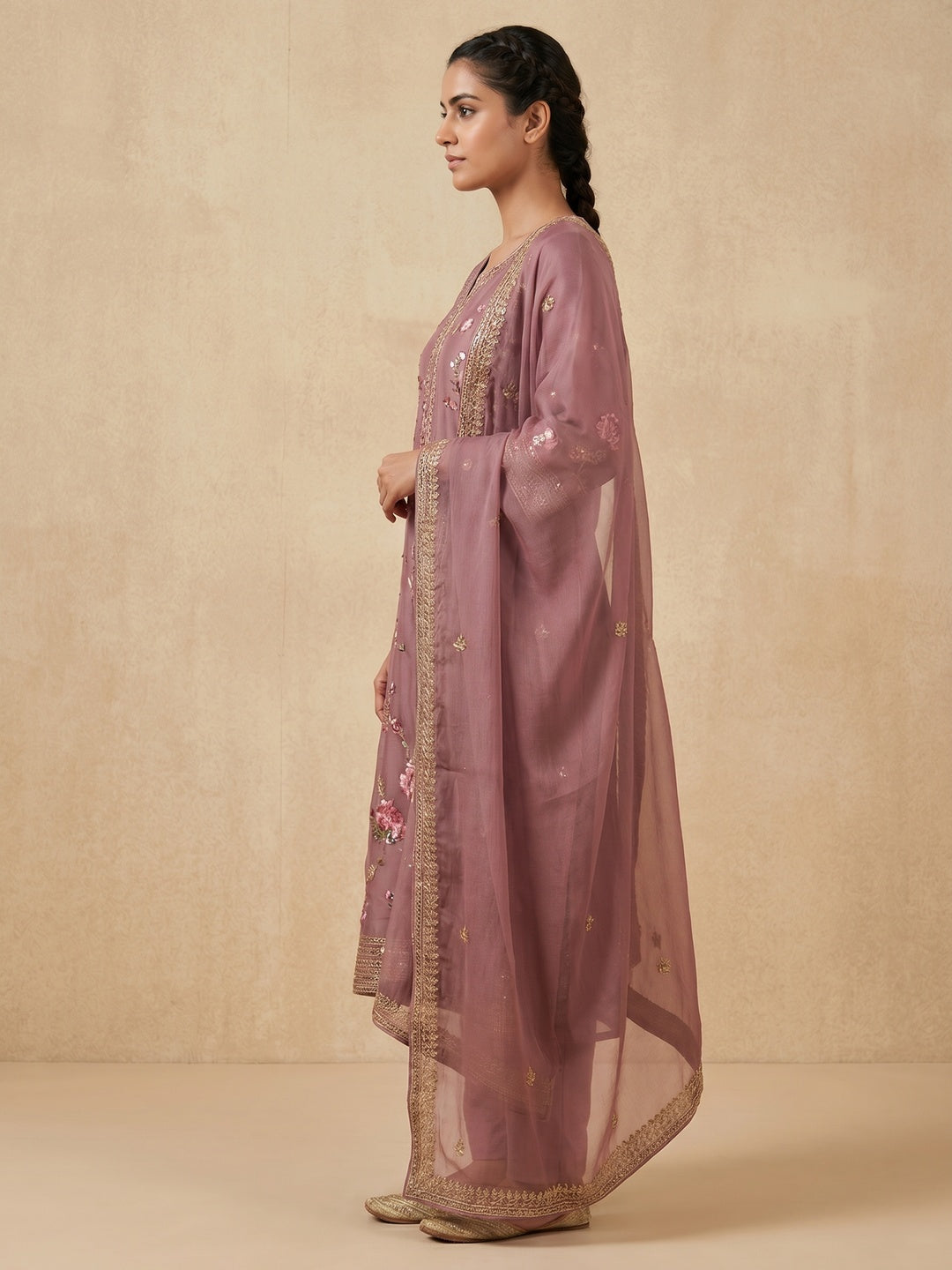 Mauve Floral Sequins Embroidery Organza Dress Material - Image 3