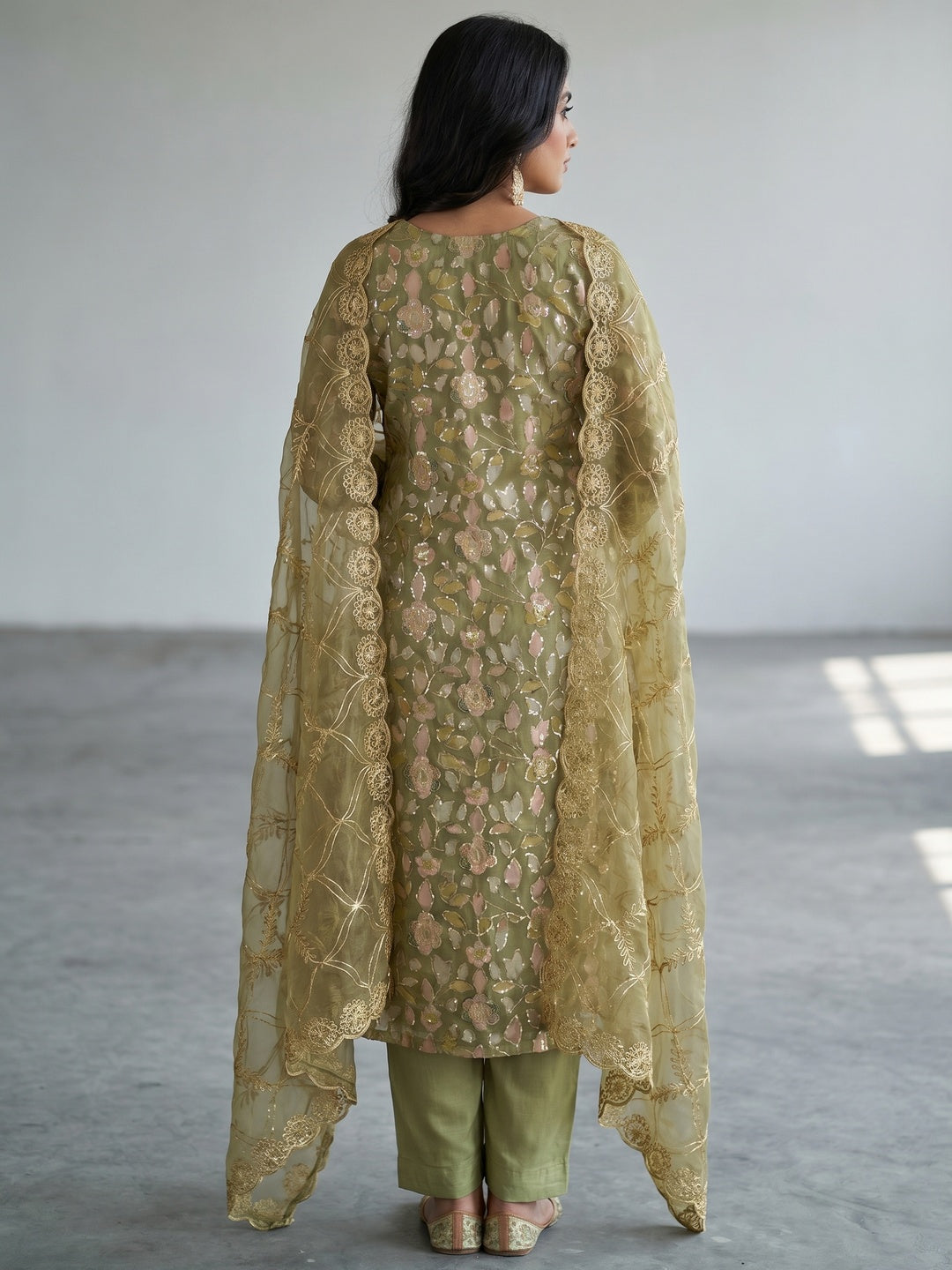 Mehendi Green Floral Sequins Embroidery Organza Dress Material - Image 2