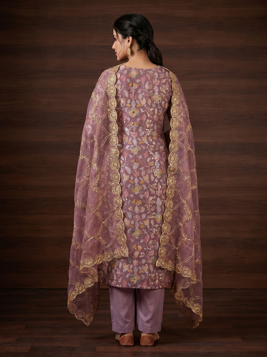 Mauve Floral Sequins Embroidery Organza Dress Material - Image 2