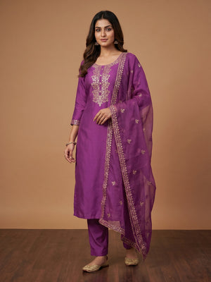 Purple Sequins Embroidered Cotton Silk Dress Material - Image 1
