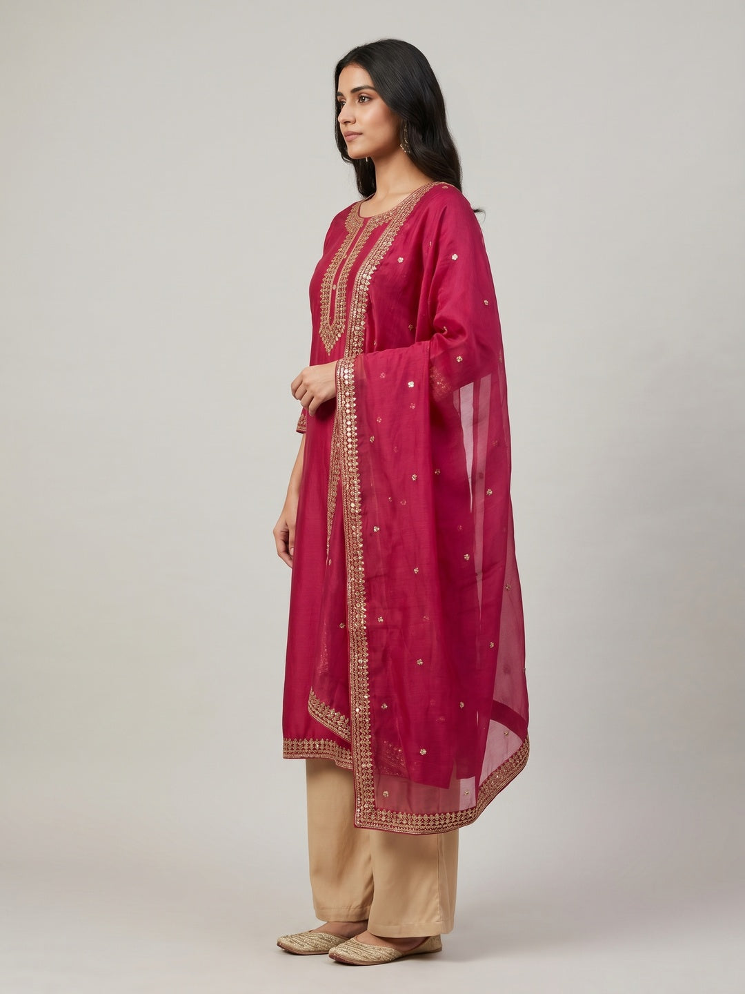 Pink Sequins Embroidered Cotton Silk Dress Material - Image 2