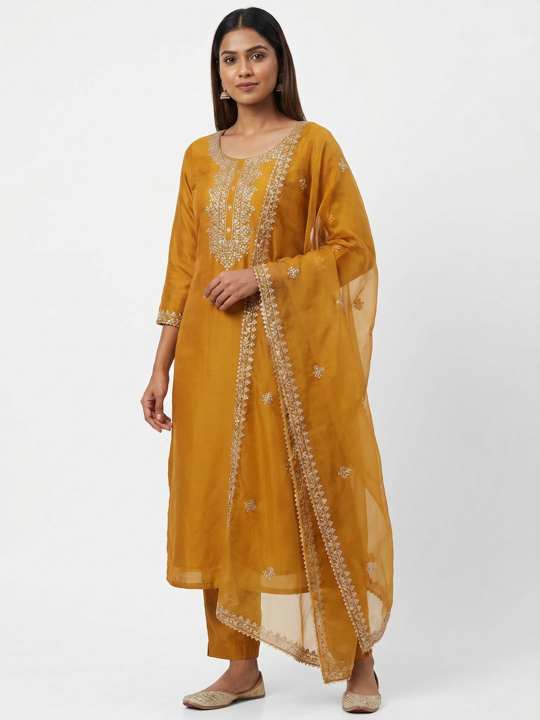 Mustard Sequins Embroidered Cotton Silk Dress Material - Image 1