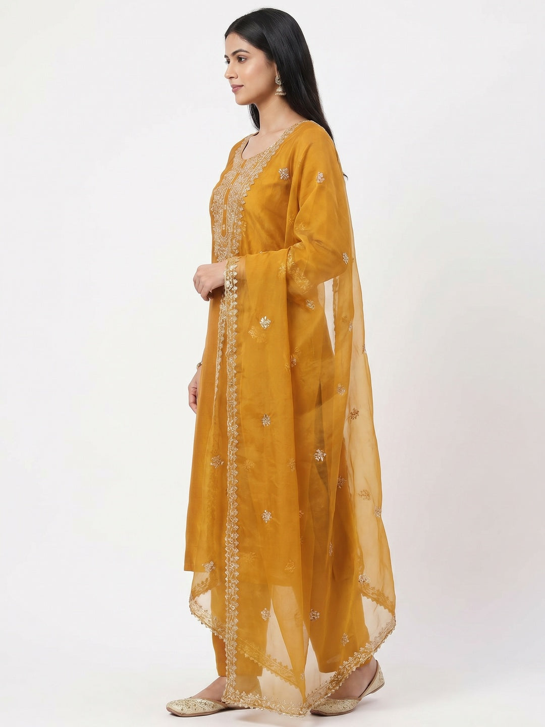 Mustard Sequins Embroidered Cotton Silk Dress Material - Image 3