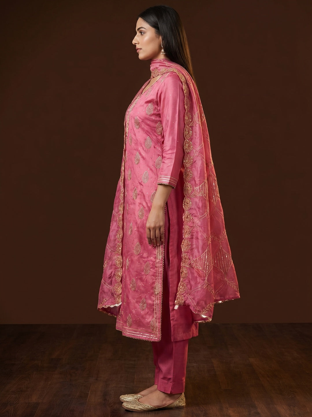 Pink Printed With Hand Embroidered Chanderi Silk Dress Material - Image 2