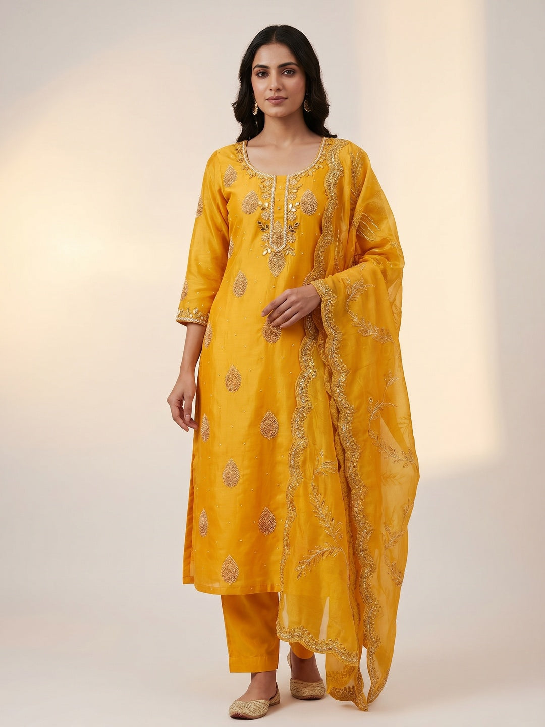 Yellow Printed With Hand Embroidered Chanderi Silk Dress Material - Image 1