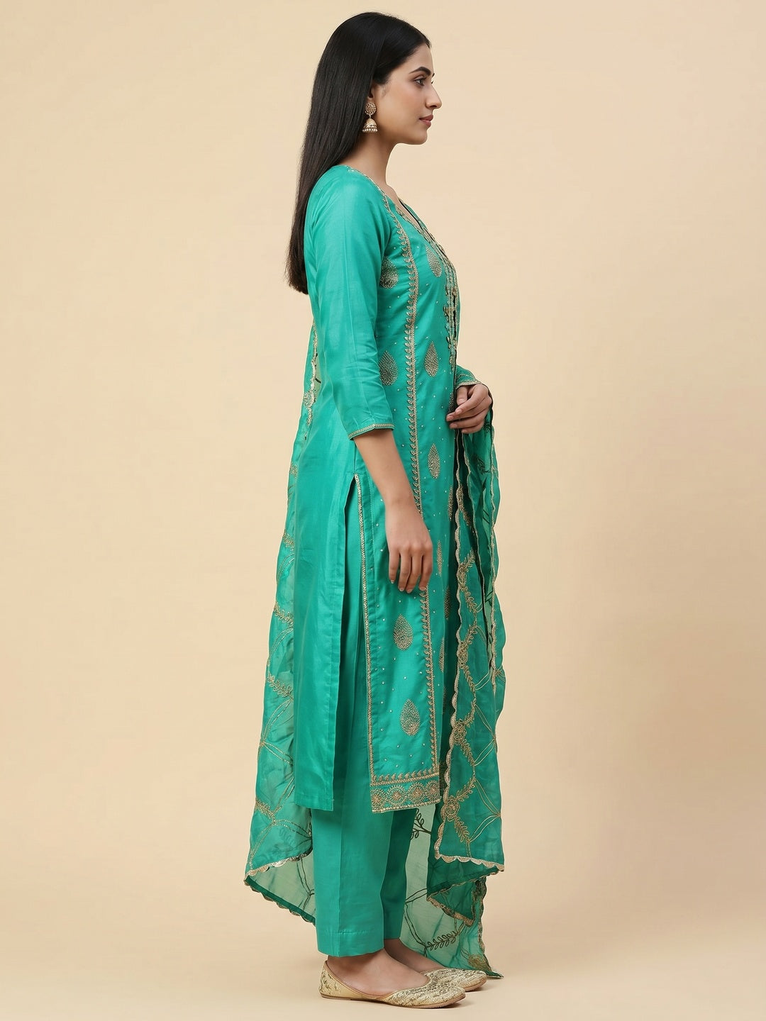 Turquoise Printed With Hand Embroidered Chanderi Silk Dress Material - Image 3