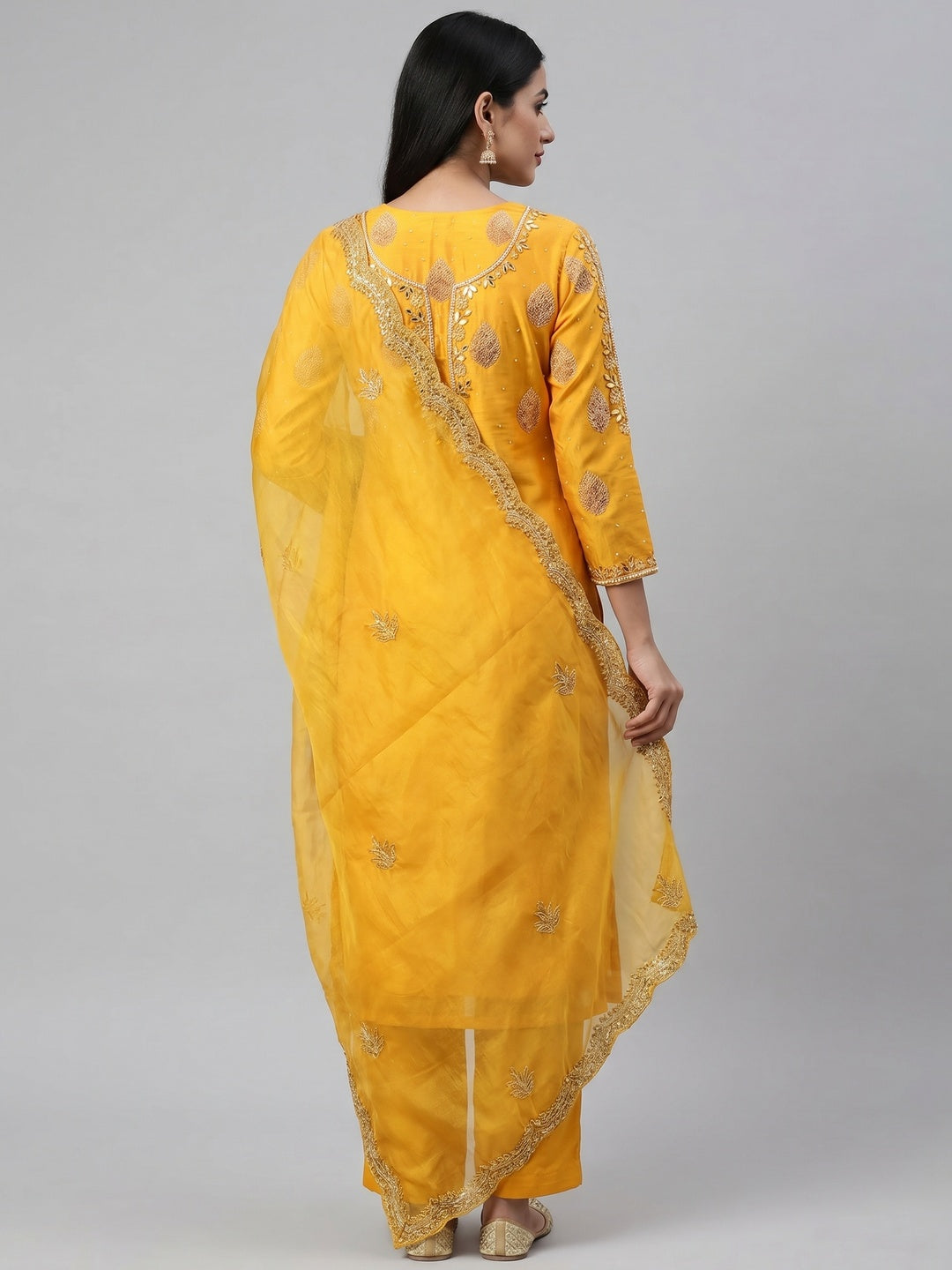 Yellow Printed With Hand Embroidered Chanderi Silk Dress Material - Image 3