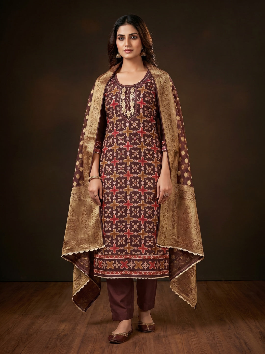 Brown Sequins Hand Embroidery Organza Dress Material - Image 1