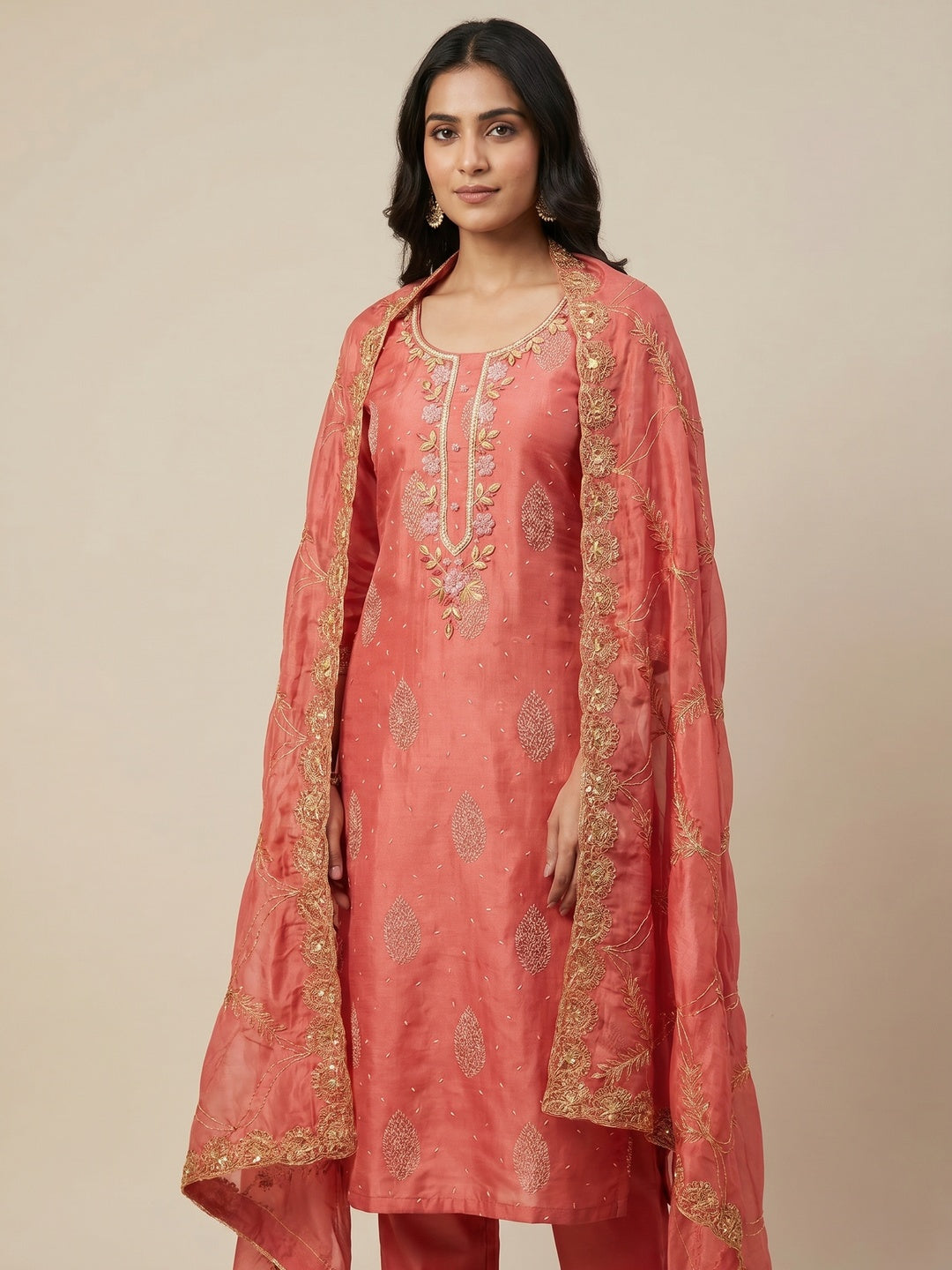 Peach Printed With Hand Embroidered Chanderi Silk Dress Material - Image 1