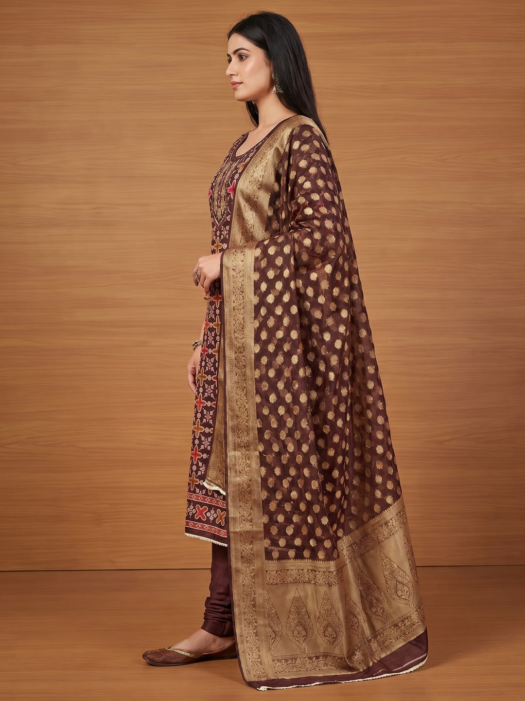 Brown Sequins Hand Embroidery Organza Dress Material - Image 2