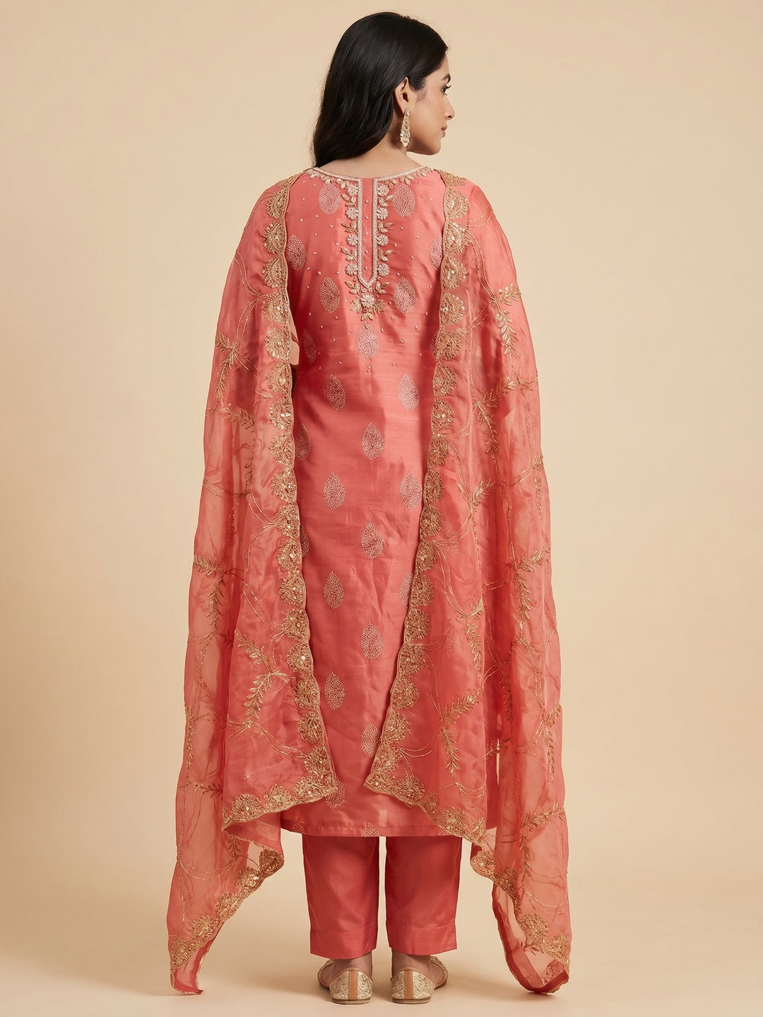 Peach Printed With Hand Embroidered Chanderi Silk Dress Material - Image 3