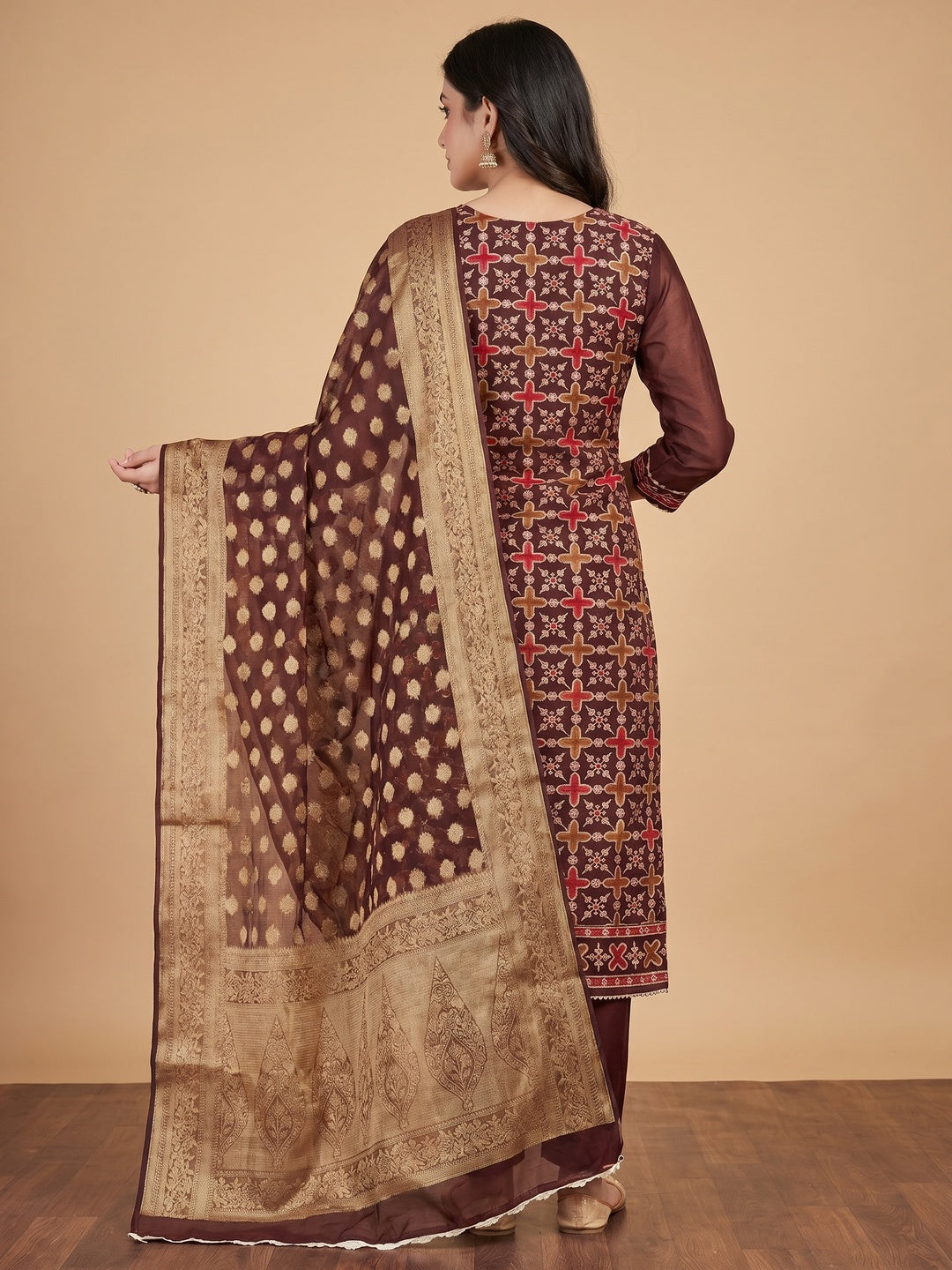 Brown Sequins Hand Embroidery Organza Dress Material - Image 3