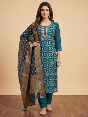 Blue Sequins Hand Embroidery Organza Dress Material - Image 1