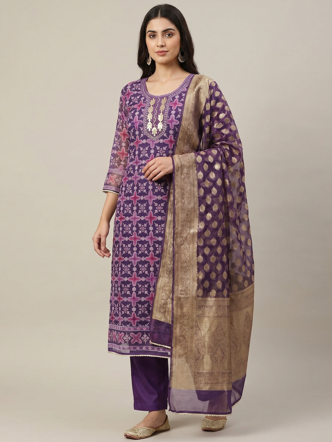 Purple Sequins Hand Embroidery Organza Dress Material - Image 1