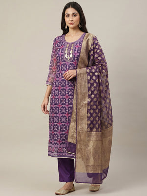 Purple Sequins Hand Embroidery Organza Dress Material - Image 1