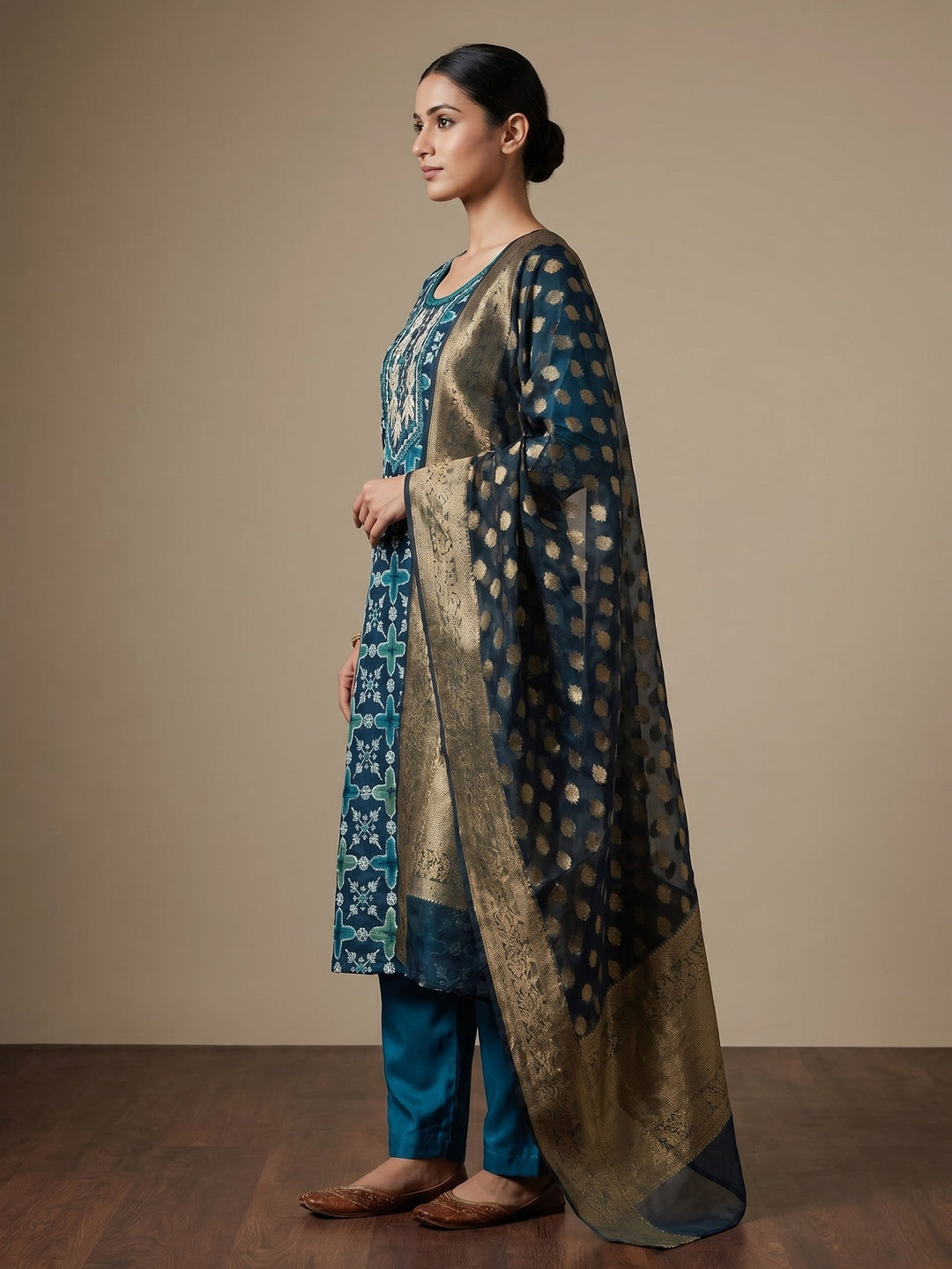 Blue Sequins Hand Embroidery Organza Dress Material - Image 3