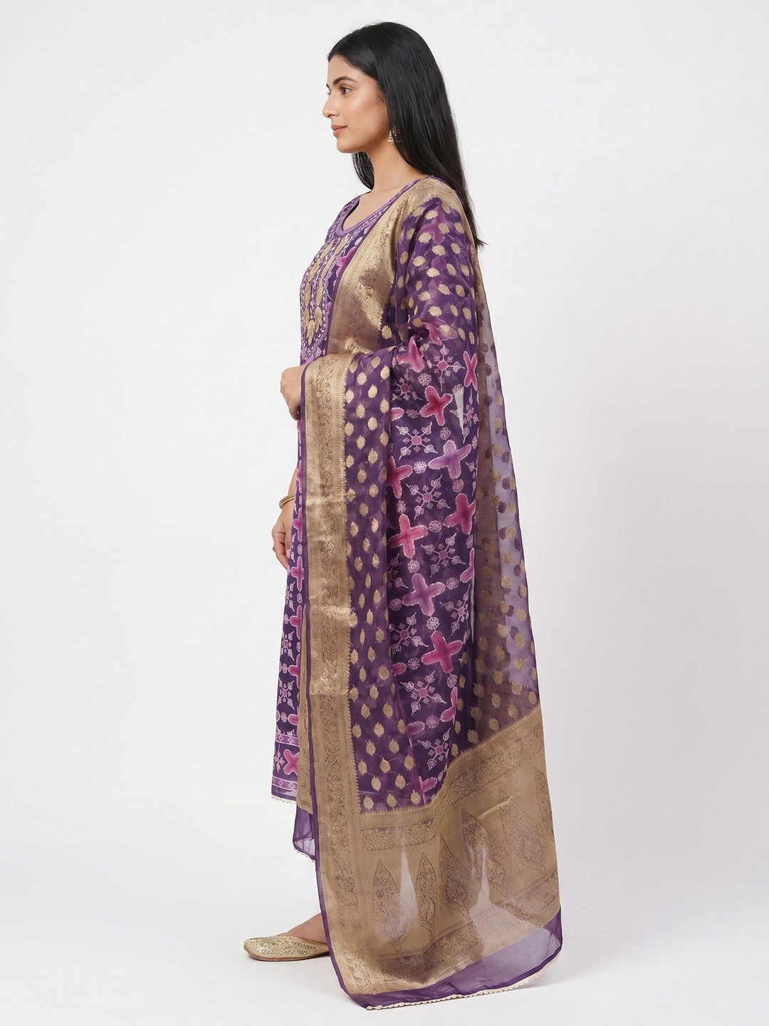 Purple Sequins Hand Embroidery Organza Dress Material - Image 2