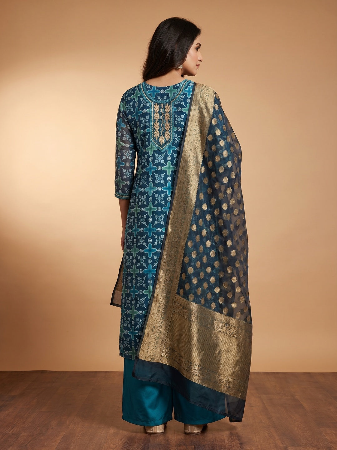 Blue Sequins Hand Embroidery Organza Dress Material - Image 2
