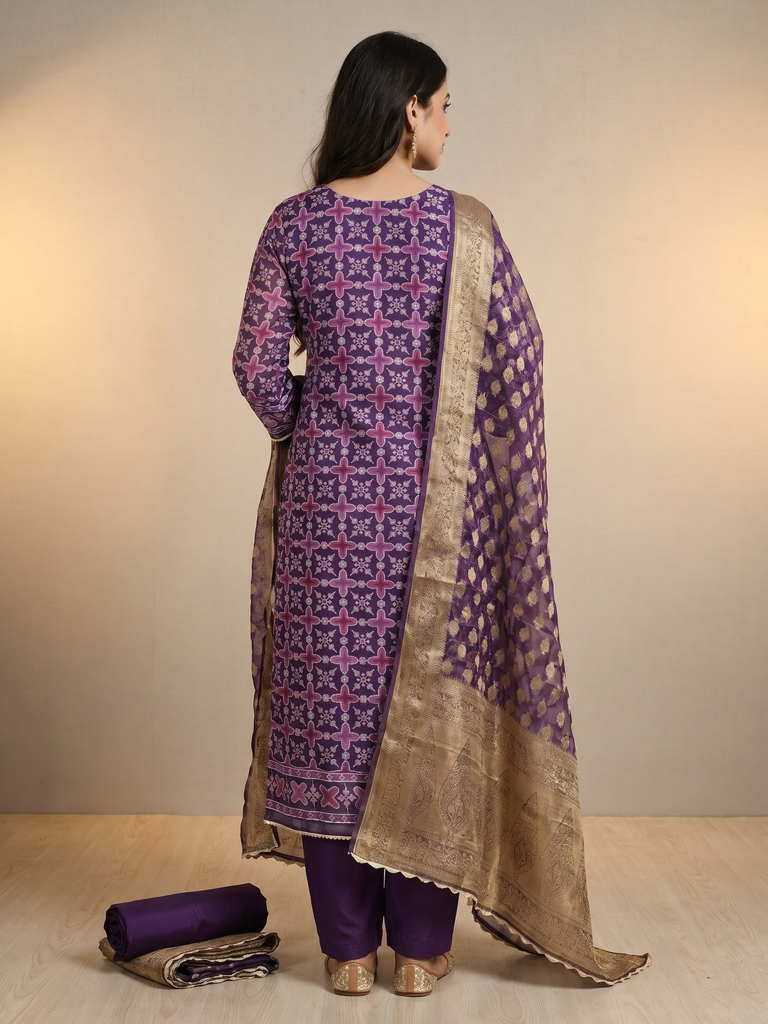 Purple Sequins Hand Embroidery Organza Dress Material - Image 3