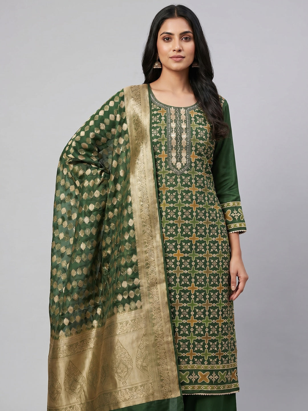 Green Sequins Hand Embroidery Organza Dress Material - Image 1