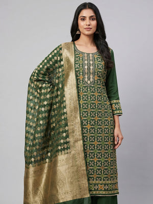 Green Sequins Hand Embroidery Organza Dress Material - Image 1