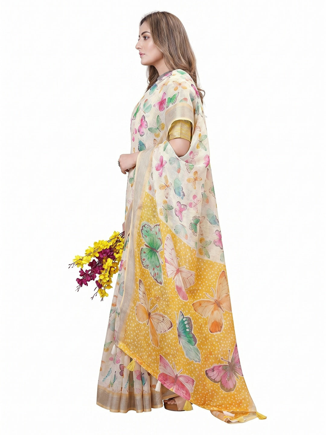 Multicolor Printed Linen Saree - Image 3