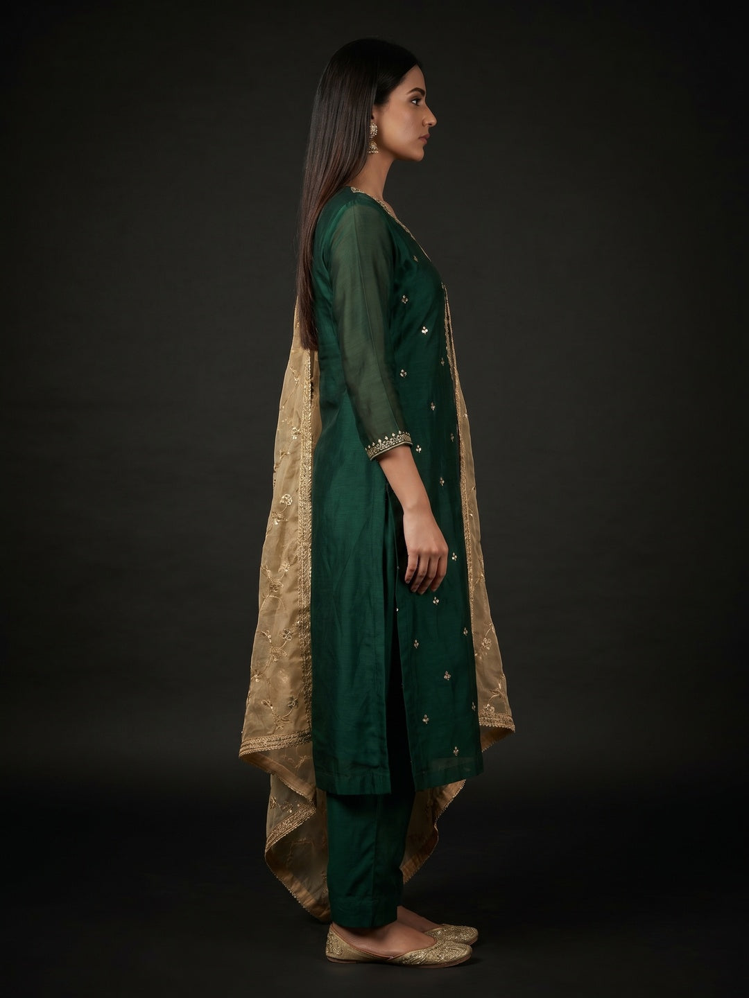 Green Sequins Hand Embroidery Organza Dress Material - Image 3