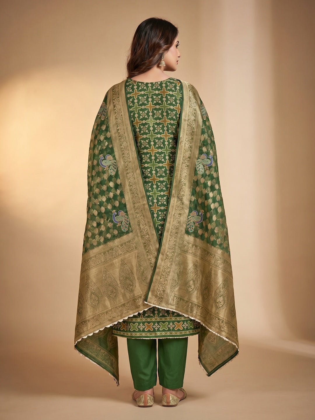 Green Sequins Hand Embroidery Organza Dress Material - Image 2