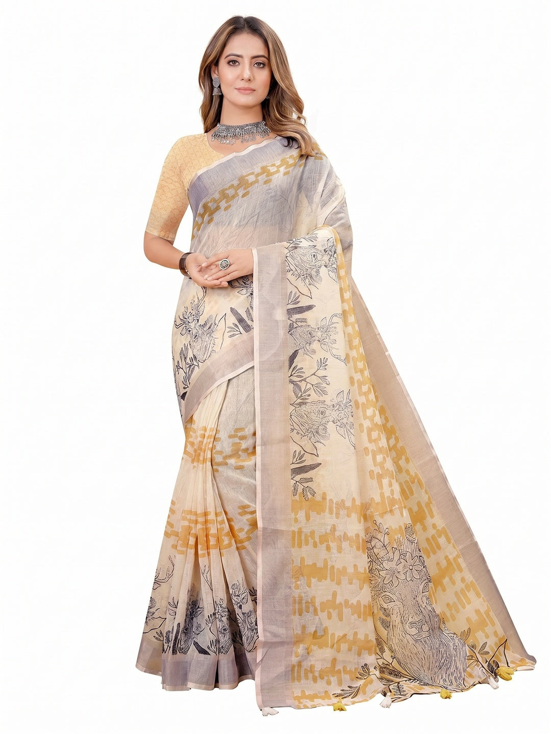 White Printed Linen Saree - Image 1