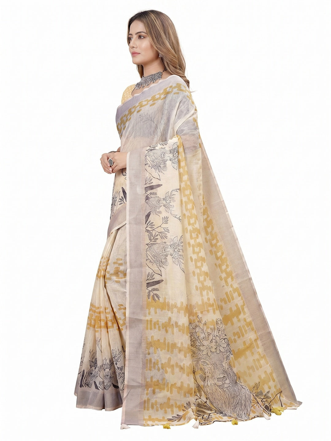 White Printed Linen Saree - Image 2