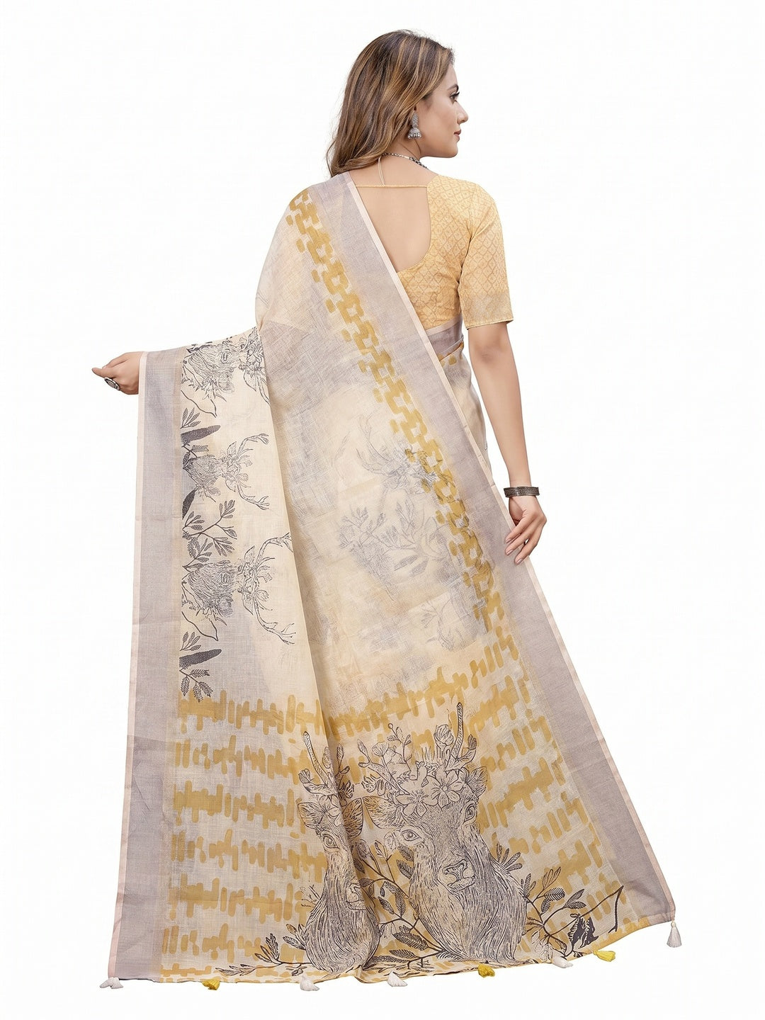 White Printed Linen Saree - Image 3