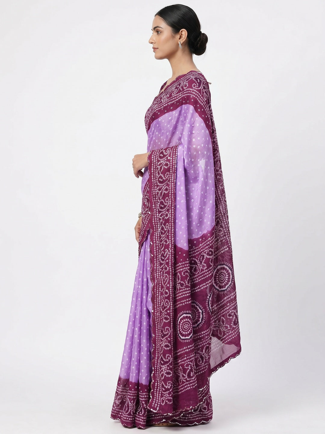 Lavender & Wine Bandhani Printed Chiffon Saree - Image 2