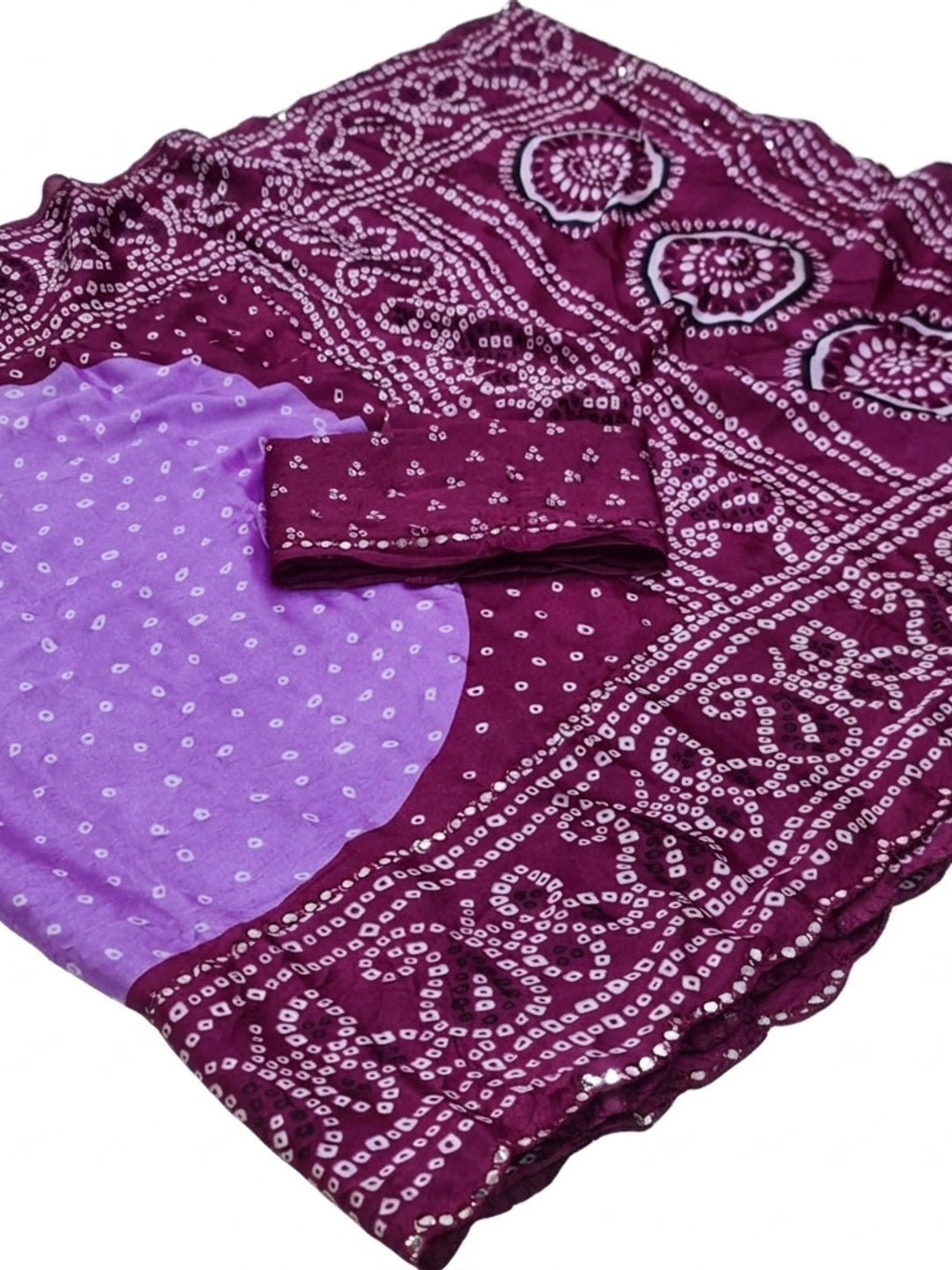 Lavender & Wine Bandhani Printed Chiffon Saree - Image 3