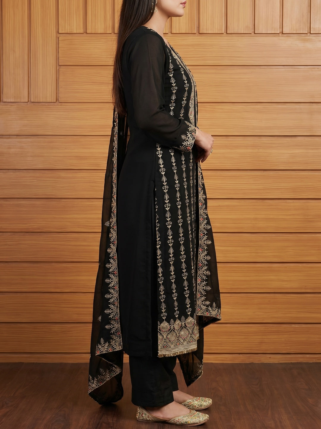 Black Floral Embroidered Georgette Dress Material - Image 3