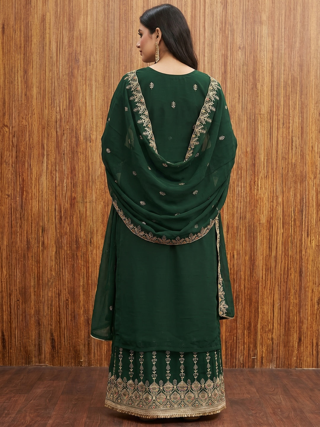 Green Floral Embroidered Georgette Dress Material - Image 3