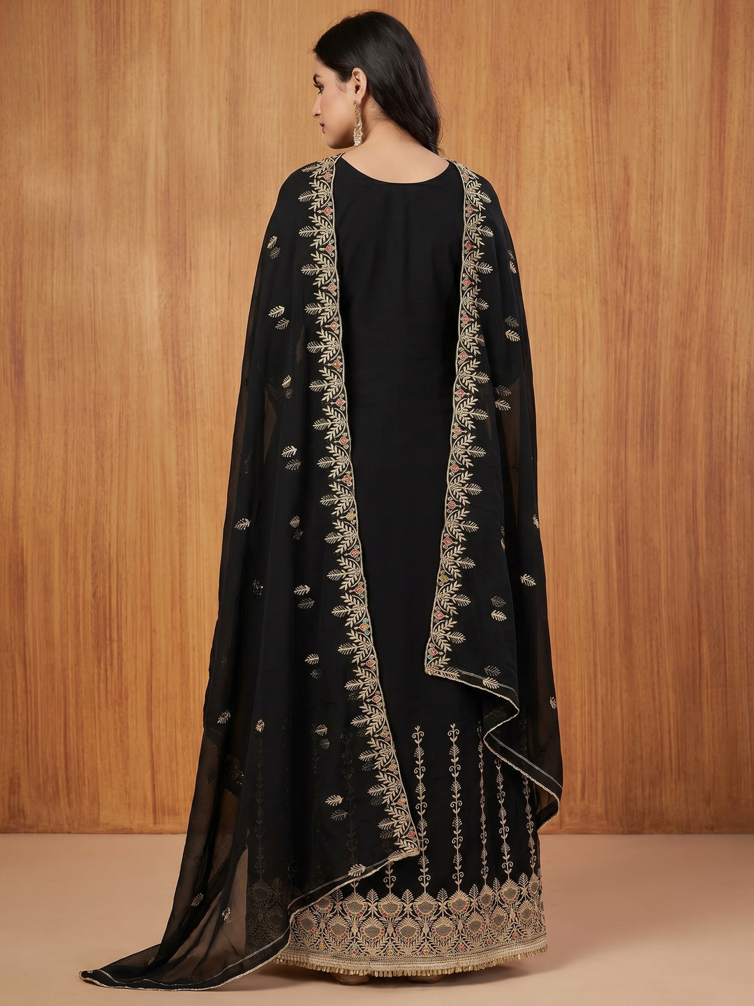 Black Floral Embroidered Georgette Dress Material - Image 2