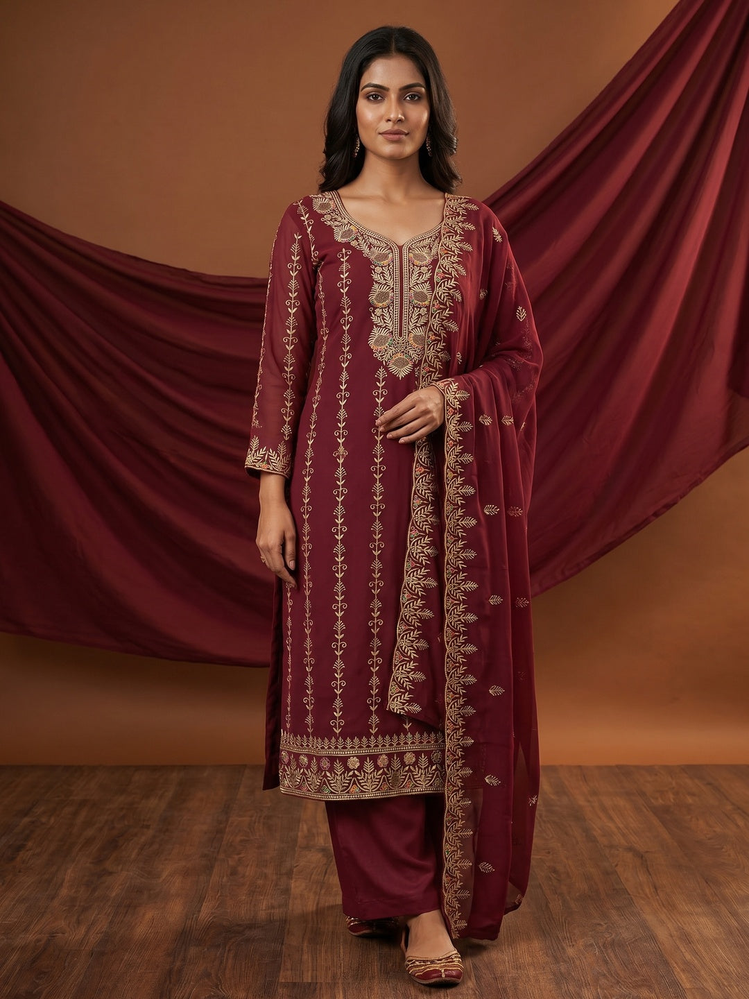 Maroon Floral Embroidered Georgette Dress Material - Image 1
