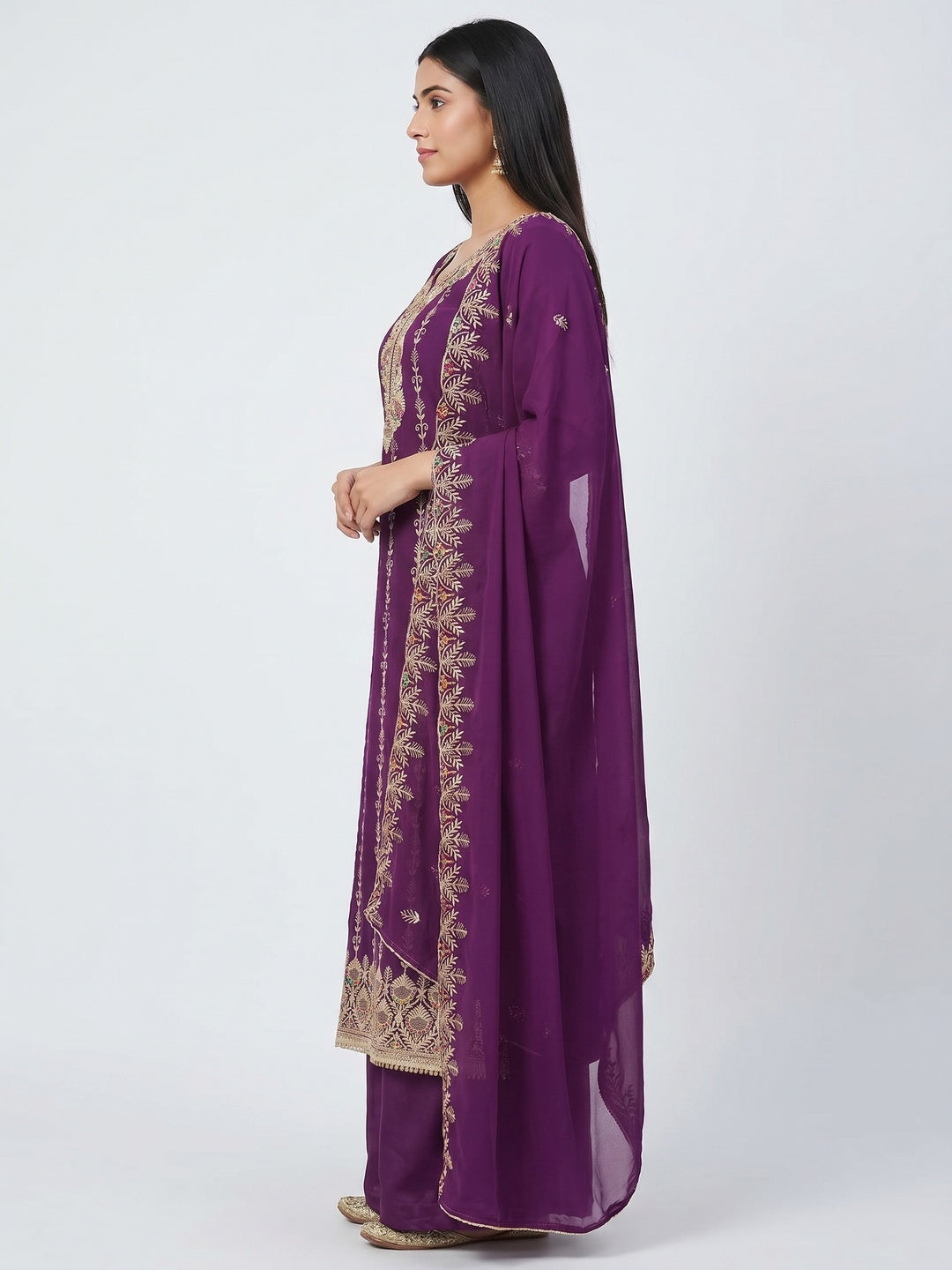 Purple Floral Embroidered Georgette Dress Material - Image 2