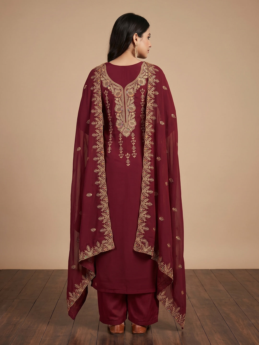 Maroon Floral Embroidered Georgette Dress Material - Image 3