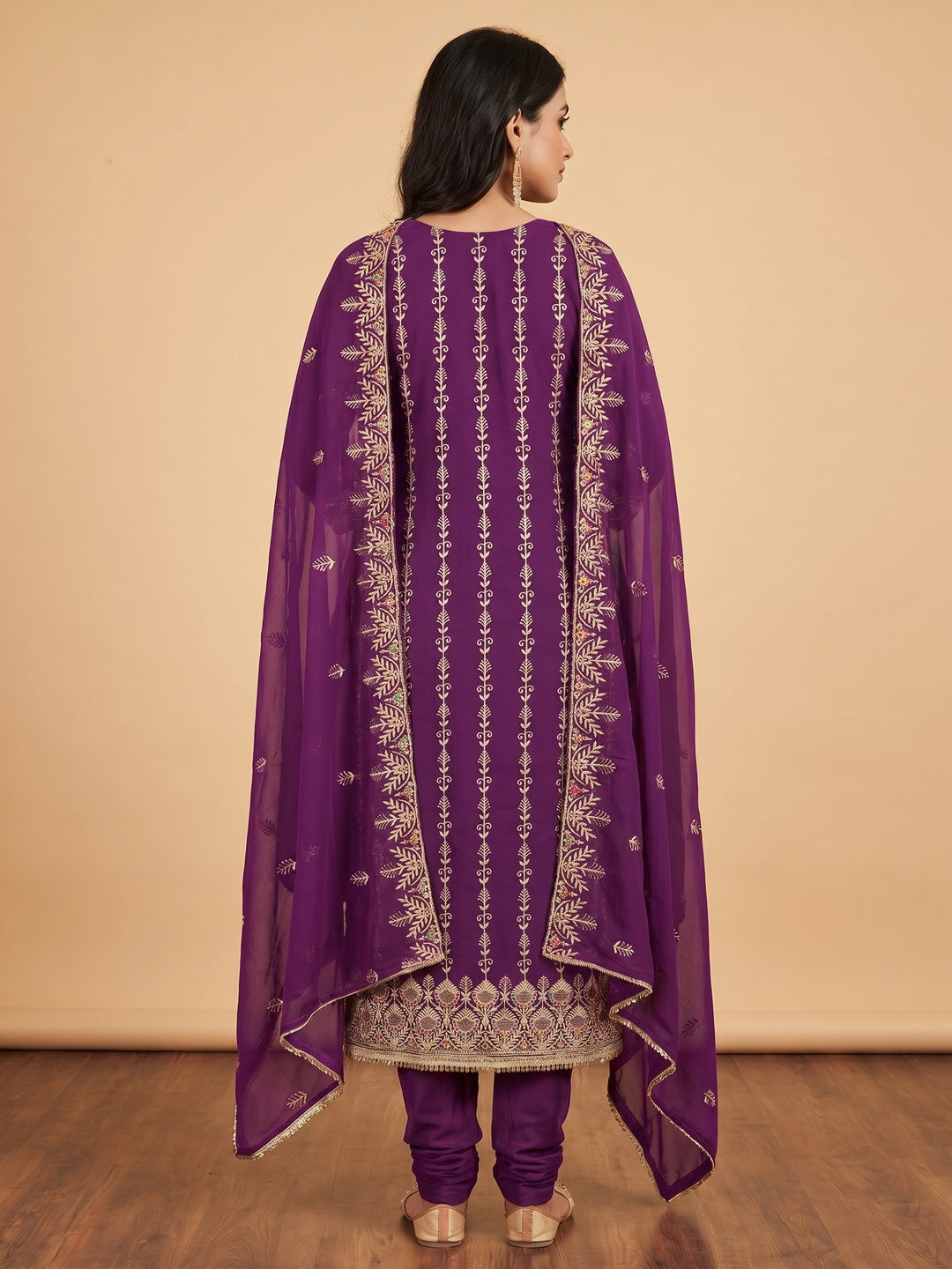 Purple Floral Embroidered Georgette Dress Material - Image 3