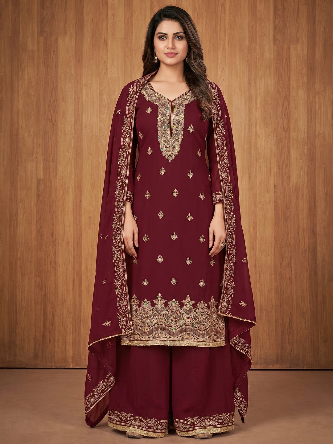 Maroon Floral Embroidered Georgette Dress Material - Image 1