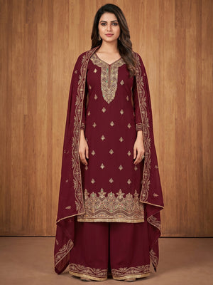 Maroon Floral Embroidered Georgette Dress Material - Image 1