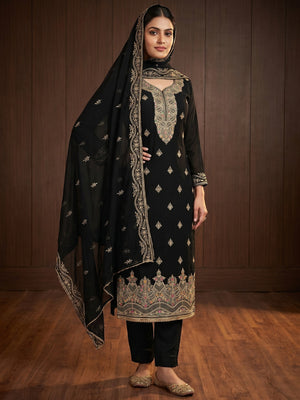 Black Floral Embroidered Georgette Dress Material - Image 1